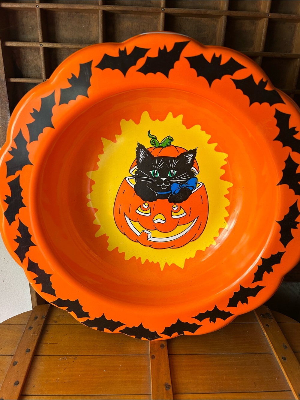 Vintage Berman Industries Halloween Candy Dish Bowl Black Cat pumpkin